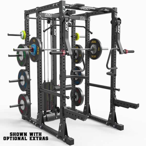The ATX® Commercial Power Rack 750 is a black and metallic gym station that includes weight plates, pulleys, bars, and offers multiple exercise options. Note: Shown with optional extras.