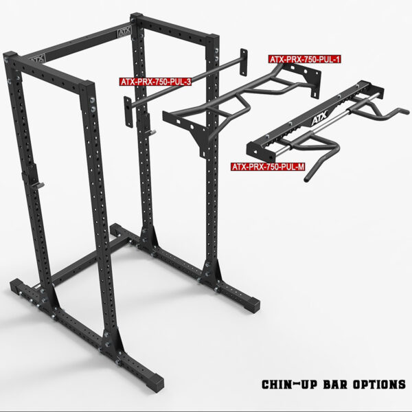 Image of a metal chin-up rack featuring three bar options in red text: ATX-PRX-750-PUL-3, ATX-PRX-750-PUL-1, and ATX-PRX-750-PUL-M. Labeled Chin-Up Bar Options at the bottom right. Product: ATX® Commercial Power Rack 750.