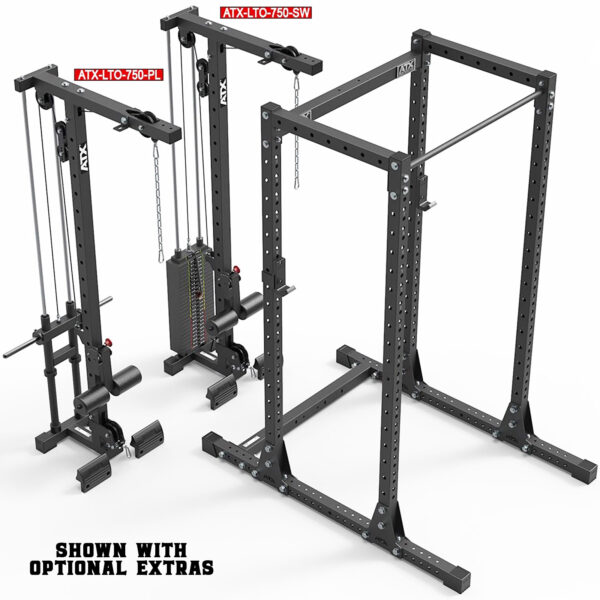 Image of the ATX® Commercial Power Rack 750, a robust gym power rack with an attached cable machine and weight stack. It features adjustable pulleys, foot support, labeled parts for various exercises, and optional extras.