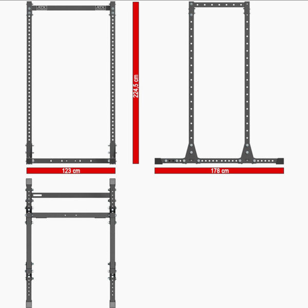 The ATX® Commercial Power Rack 750 is illustrated in black, featuring a 224.5 cm height and a 123 cm width from the front view, with a 178 cm depth from the side. It includes multiple adjustment holes for versatility.