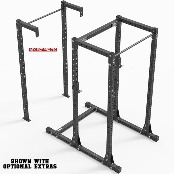 The ATX® Commercial Power Rack 750 is a black metal squat and power rack with adjustable height settings, numerous bolt holes, and optional extensions for added functionality, displayed against a white background.