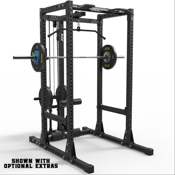 The ATX® Commercial Power Rack 750 in black metal includes a barbell, weight plates, pull-up bar, and various attachments. Text at the bottom reads, Shown with optional extras.