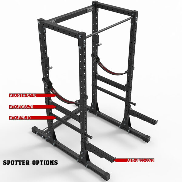 An image shows the ATX® Commercial Power Rack 750 with labeled components pointing to options: ATX-STR-X7-70, ATX-FDSS-70, ATX-PPS-70, and ATX-SB55-0070. The bottom left corner displays Spotter Options.