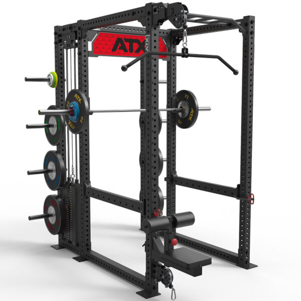 The ATX® Power Rack 840 in black features a barbell, weight plates, a pull-up bar, cable system, and multiple attachments. Red branding adorns the top, and weights are tidily arranged on side storage arms.