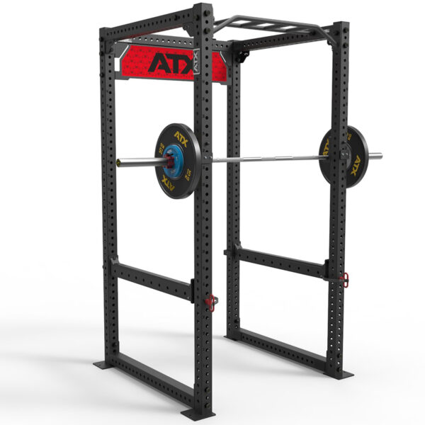 The ATX® Power Rack 840 is a black metal squat rack with a red ATX logo at the top. It holds a barbell with weights and has multiple adjustment holes for versatile use.