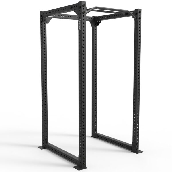 The ATX® Power Rack 840 is a black steel weightlifting rack featuring a rectangular frame with adjustable attachments, multiple holes, and a pull-up bar at the top. It is displayed against a plain white background.