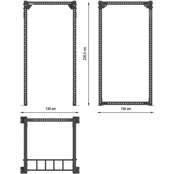 Diagram of the ATX® Power Rack 840, featuring a metal frame with dimensions: height 236.5 cm, width 139 cm, and depth 134 cm. The frame includes holes along its edges and a horizontal bar at the bottom.