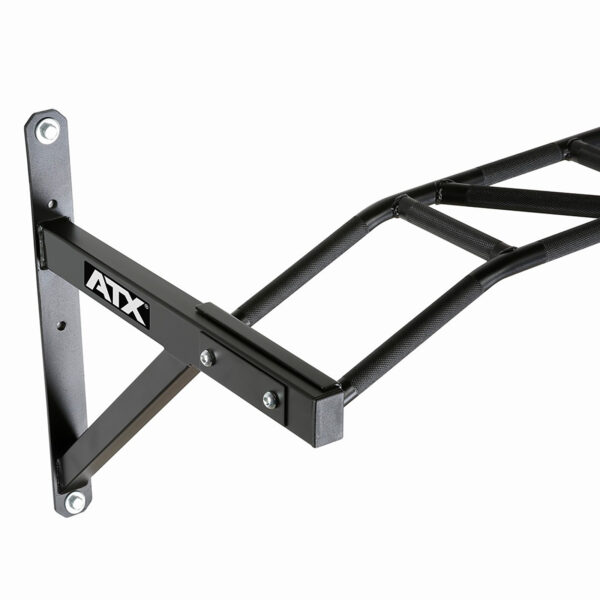 The ATX® Gladiator Chin Up Bar is a wall-mounted pull-up bar with a black metal frame and textured grip handles, secured with screws, featuring the ATX logo on the side.