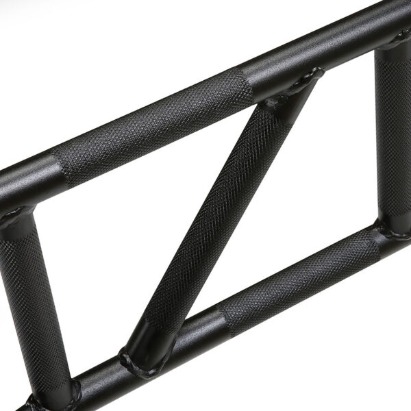 Close-up of the ATX® Gladiator Chin Up Bar in black metal, highlighting its rungs and diagonal support brace. The textured surface enhances grip, and its design suggests strength and stability.