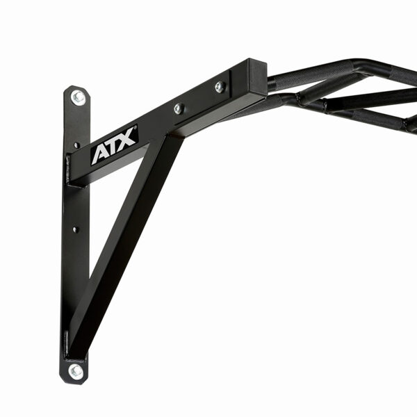 The ATX® Gladiator Chin Up Bar is a wall-mounted black metal pull-up bar with a triangular support structure, featuring the ATX logo. It extends outward for exercise use and mounts with four bolts.