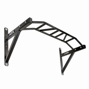 The ATX® Gladiator Chin Up Bar is a black metal pull-up bar with an angled design, mounted on two wall brackets. It offers multiple grip options.