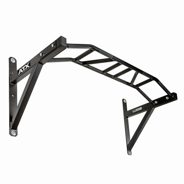 The ATX® Gladiator Chin Up Bar is a black metal pull-up bar with an angled design, mounted on two wall brackets. It offers multiple grip options.