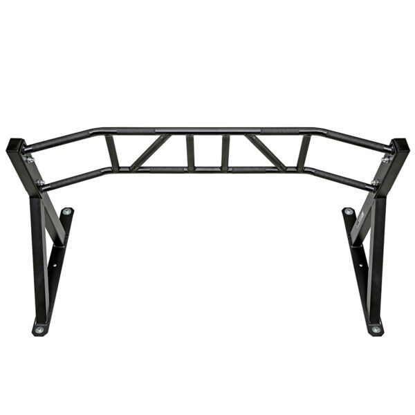 The ATX® Gladiator Chin Up Bar is a black steel pull-up bar with angled grip handles and a triangular support frame, allowing for various grip positions. Its sturdy structure is designed for wall mounting in a home gym or fitness setting.