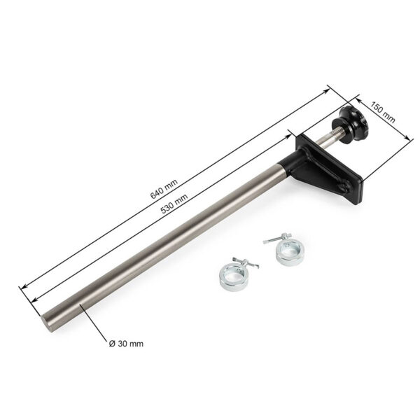 The ATX® Universal Bracket is a metal cylindrical rod, 640 mm in length with sections of 530 mm and 150 mm, and a diameter of 30 mm. It includes a mounting bracket and two circular clamps.