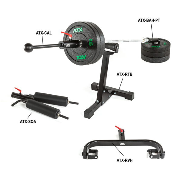 Image showing various gym equipment pieces: ATX calf raise (ATX-CAL) with weights, a T-bar row trainer (ATX-RTB) loaded with weights, squat attachment (ATX-SQA), and the ATX® Revolving Handle Attachment (ATX-RVH), all labeled accordingly.