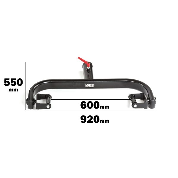 The ATX® Revolving Handle Attachment is a black exercise bar with dimensions of 600mm width, 550mm height, and 920mm length. It features a red knob attached to the top.