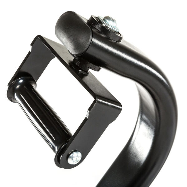 Close-up of the ATX® Revolving Handle Attachment in black metal, showcasing a rectangular grip, curved support arm with bolts, and a cylindrical pivot joint against a white background.