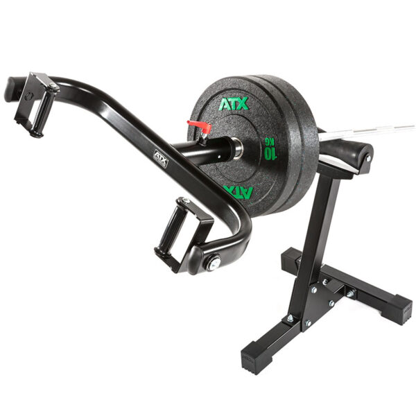 A black ATX® Revolving Handle Attachment, equipped with a T-bar row handle and weight plates, is perfect for strength training. It includes adjustable handles and a sturdy base for enhanced stability.