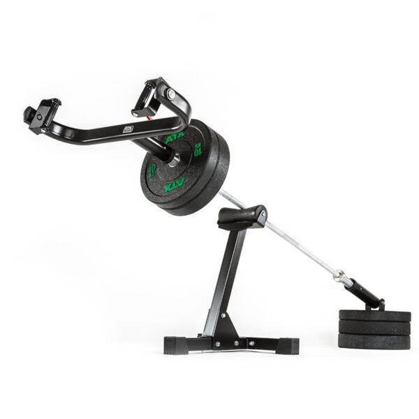 The ATX® Revolving Handle Attachment features a handlebar lever and multiple round weight plates, all mounted on a stand for strength exercises. The black frame resembles classic gym equipment.