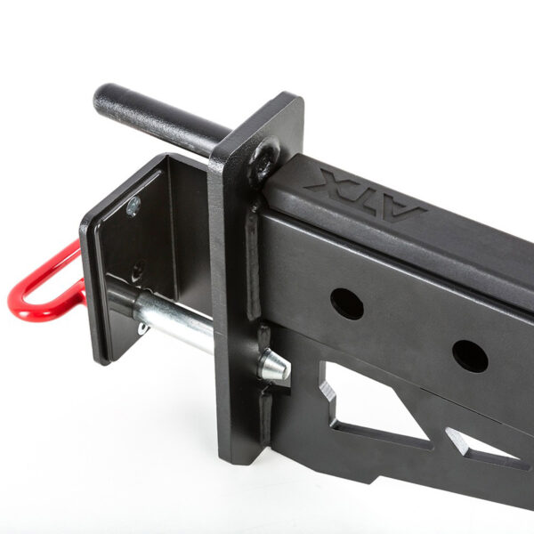 Close-up of ATX® Spotter Arms, featuring a black metal ATV hitch adapter with a red hook attachment. It includes multiple adjustment holes and a robust design for towing or securing equipment.