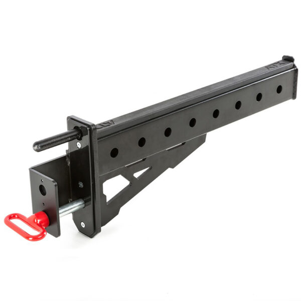 The ATX® Spotter Arms are heavy-duty steel supports with a black finish, multiple adjustment holes, and a red locking handle, suitable for towing or vehicle attachment.