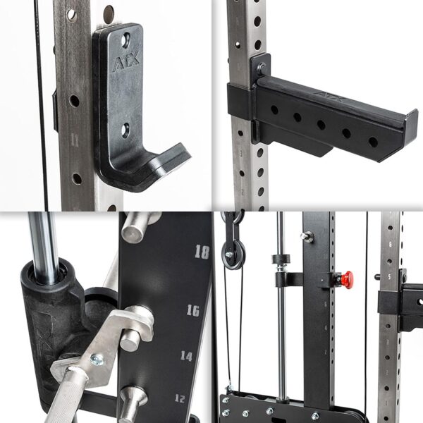 A collage of four images showcases parts of the ATX® Smith Cable Rack Weight Stack, including a metal hook with ATX branding, an adjustable safety arm, a barbell holder with weight markings, and a cable pulley system.