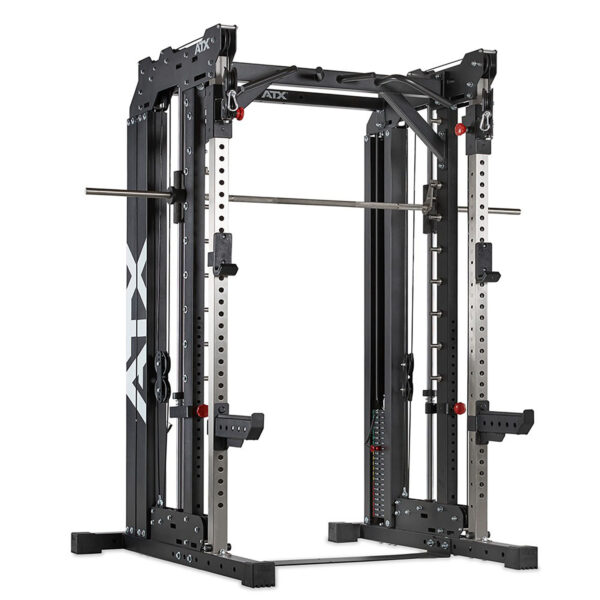 The ATX® Smith Cable Rack Weight Stack is a versatile gym power rack featuring a Smith machine, safety catches, adjustable barbell supports, pull-up bar, and weight storage pegs in black and silver, ideal for strength training exercises.