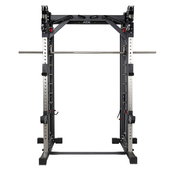 The ATX® Smith Cable Rack Weight Stack is a large, sturdy gym squat rack with adjustable safety bars and weight plate holders. Predominantly black with metallic accents, it features a horizontal bar and multiple settings for various exercises.