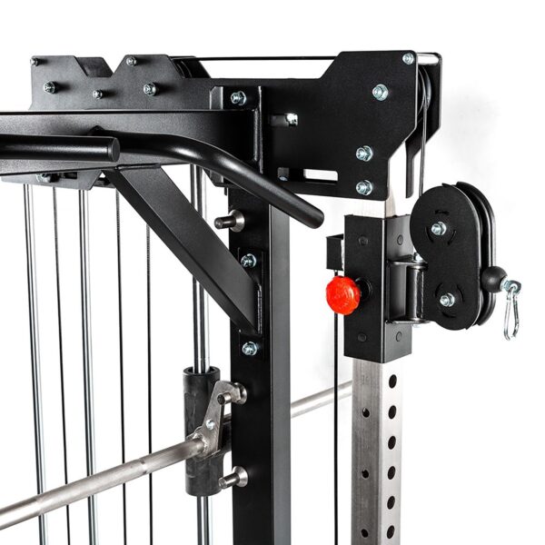 Close-up of the ATX® Smith Cable Rack Weight Stack, a black metal power rack with pulleys and handles, featuring a red adjustment knob and a sturdy frame with various attachment points for strength training exercises.
