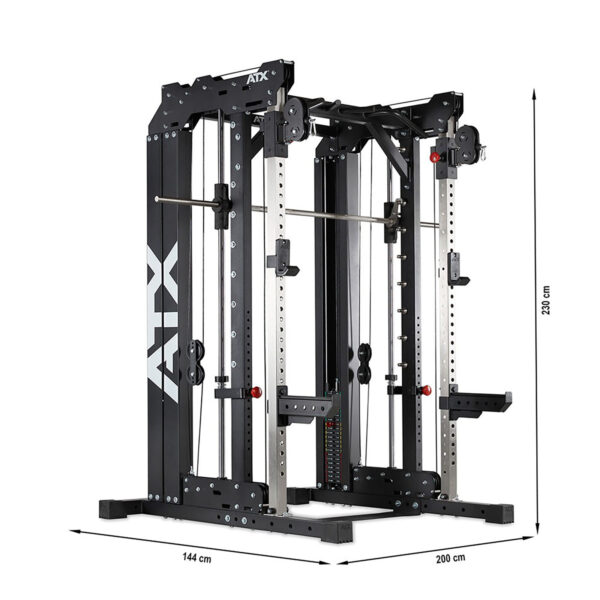 The ATX® Smith Cable Rack Weight Stack is a black multi-functional fitness station with adjustable components for various exercises, including a cable system, weight stack, and pull-up bars. Dimensions: 144 cm wide, 200 cm deep, and 230 cm tall.