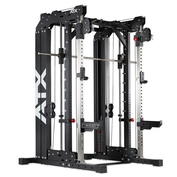 The ATX® Smith Cable Rack Weight Stack is a black machine featuring multiple pulleys, adjustable weights, and attachments for diverse strength training exercises.