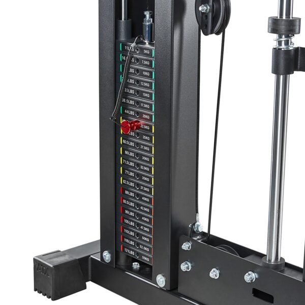 A close-up view of the ATX® Smith Cable Rack Weight Stack features a range of weight plates from 5 kg (11 lbs) to 120 kg (264 lbs), labeled in both kilograms and pounds, with adjustments made using a pin mechanism.