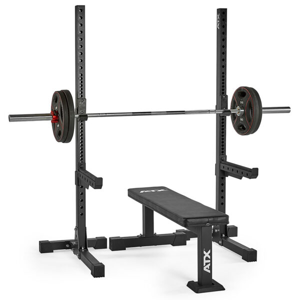 The ATX® Squat Stands 650 SD offers a weight bench with an adjustable barbell rack and squat stands, featuring a padded bench and barbell with multiple weight plates. Its sturdy metal frame makes it perfect for strength training and weightlifting enthusiasts.