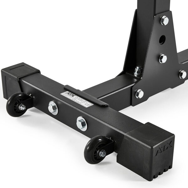 Close-up of the ATX® Squat Stands 650 SDs black, heavy-duty metal base with wheels, featuring multiple bolts and screws. The structure is sturdy and industrial, resembling machinery support with a small label.
