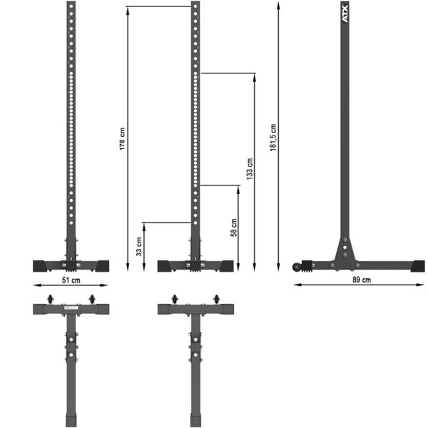 The ATX® Squat Stands 650 SD illustration highlights a side view with height options of 178 cm and 161.5 cm. The base measures 89 cm in width and 51 cm in depth. This durable squat stand includes adjustable holes for bar placement, ensuring a secure workout experience.