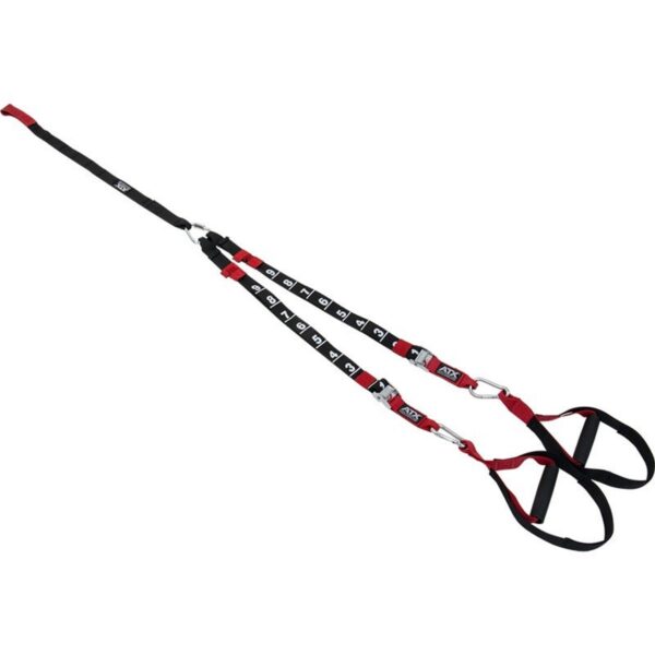 The ATX® Suspension Trainer Set PRO features versatile adjustable black and red straps, handles, and metal carabiners, perfect for effective bodyweight exercises and comprehensive fitness training.