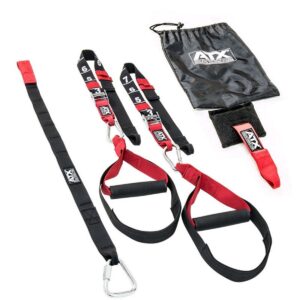 Discover the versatility of the ATX® Suspension Trainer Set PRO in black and red, with adjustable straps, handles, and carabiners. It includes a carry bag and door anchor for easy portability, making it the perfect solution for robust workouts anywhere.