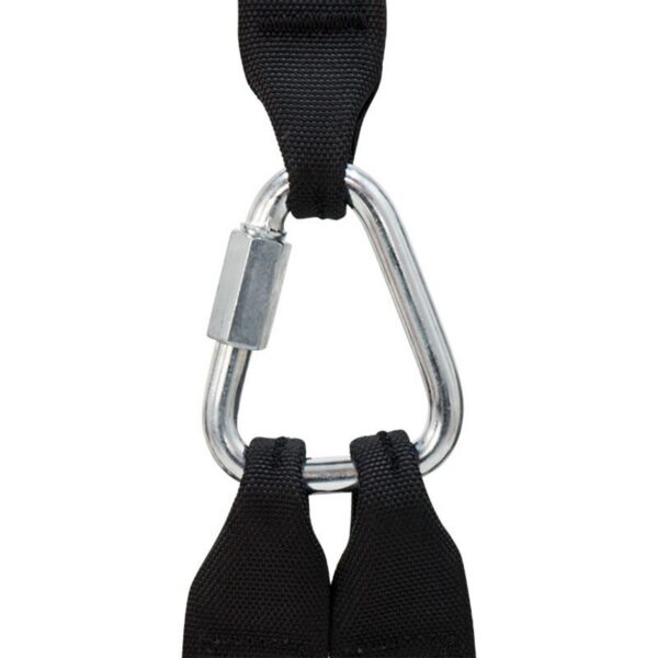 Close-up of the ATX® Suspension Trainer Set PRO featuring a metal triangle carabiner connecting two black nylon straps, reminiscent of trainer gear, attached by a silver connector. The straps extend out of frame on both sides.