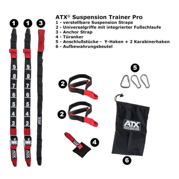 Image of the ATX® Suspension Trainer Set PRO, showcasing adjustable suspension straps and universal grips with foot loops. Comes with an anchor strap, door anchor, two Y-hooks, carabiners, and a storage bag. All components are numbered and labeled in German for user convenience.