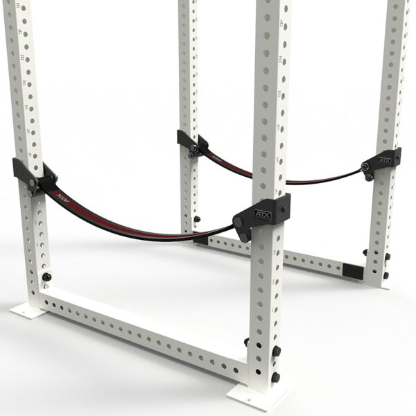 The ATX® Safety Strap 800 is a white metal squat rack with adjustable black and red safety straps, featuring multiple holes for custom adjustments, set against a plain white background.