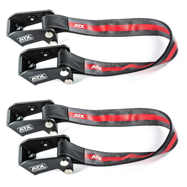 Two ATX® Safety Strap 800 tow straps, black and red with metal hooks, are displayed parallel on a white background. Hooks feature attached bolts.