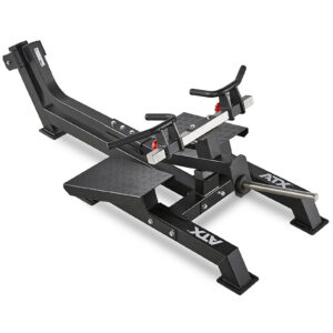 The ATX exercise machine features a sleek black metallic frame and adjustable handles, perfect for weightlifting or strength training. It includes foot platforms and a barbell holder, specifically designed as a T-Bar Row machine for performing effective T-bar rows.