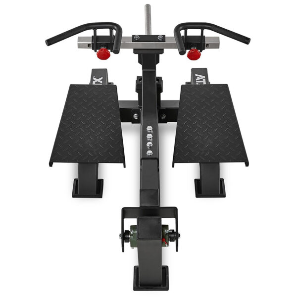 The ATX black bike repair stand boasts two textured platforms and adjustable clamps to securely hold your bicycle. With a plate-loaded T-bar row machine's sturdy metal construction, it also features a central support bar and rubberized grips for stability.