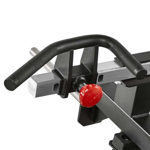 Close-up of a black metal handle attachment on a Plate Loaded T-Bar Row. It features a red knob labeled Pop Pin Adjustment for altering the position. The ATX handle is mounted on a rectangular, silver metal bar, offering precision and flexibility in your workout setup.