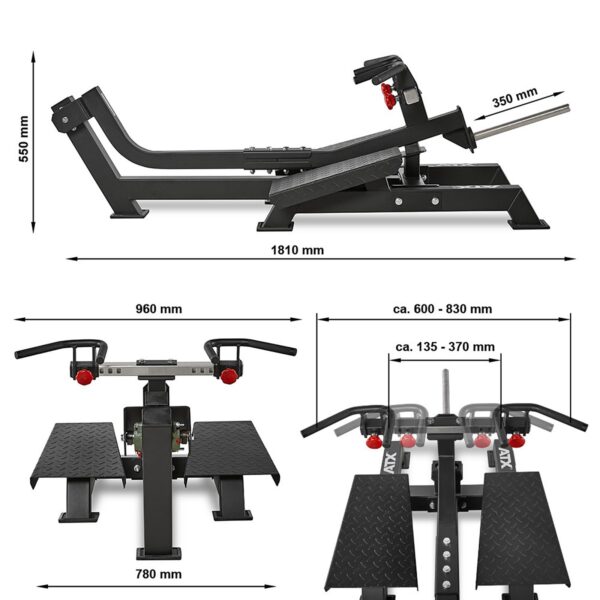 A black adjustable ATX gym rowing machine is complemented by a detailed diagram, showcasing various angles and dimensions. The measurements are in millimeters, indicating height, width, and adjustable ranges for the Plate Loaded T-Bar Row function.