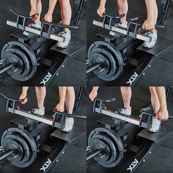 A person wearing white sneakers adjusts weights on a multi-grip barbell near the ATX section. The image shows close-up views of the hands and barbell, focusing on workout preparation with gym flooring visible in the background, hinting at a session by the T-Bar Row machine.