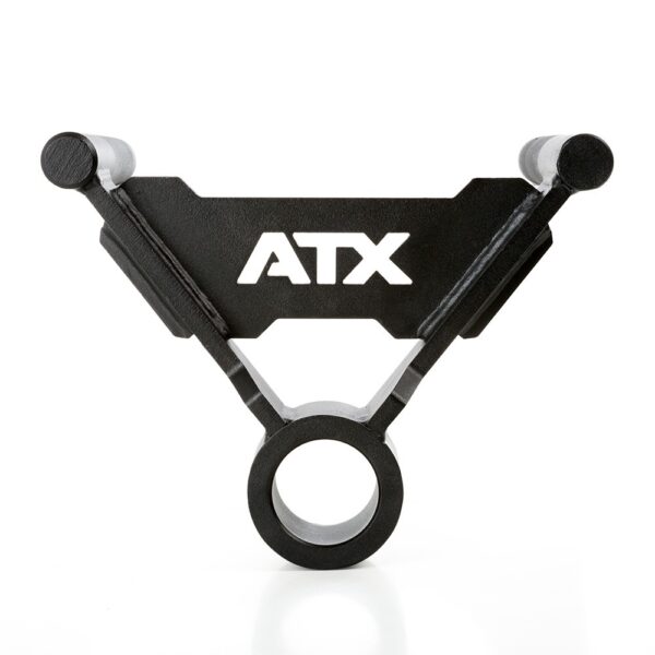 A black metal weightlifting plate holder with a triangular design featuring ATX in white at the center, integrated parallel grip T-bar row handle, three prongs, and a circular base for stability sits against a plain white background. (Product: 7ft 1500lbs Olympic Bushing Bar).