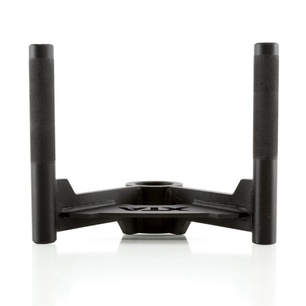 A black, metal weightlifting attachment with two vertical handles sits against a white background. The 7ft 1500lbs Olympic Bushing Bar adds versatility to your workout, and the word VTX is printed on the base.
