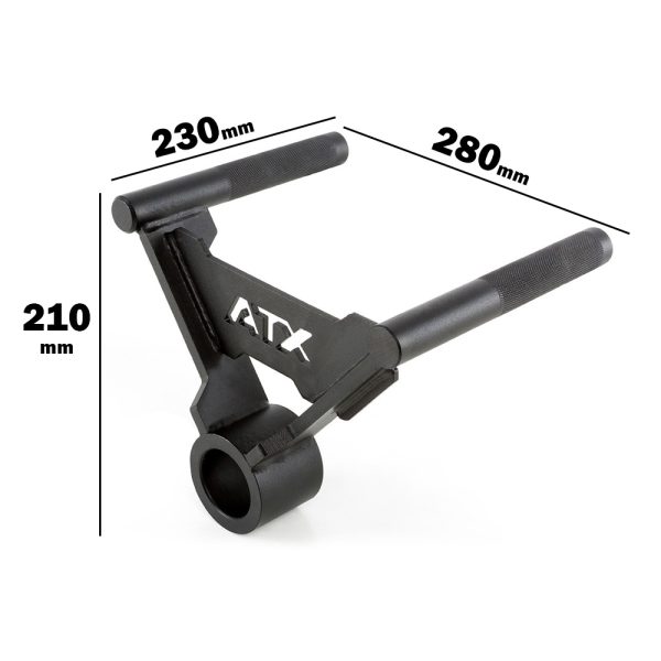 The ATX® Parallel Grip T Bar Row Handle in black measures 230mm x 280mm x 210mm and is perfect for enhancing your weightlifting routines, with ATX lettering featured on the handle.