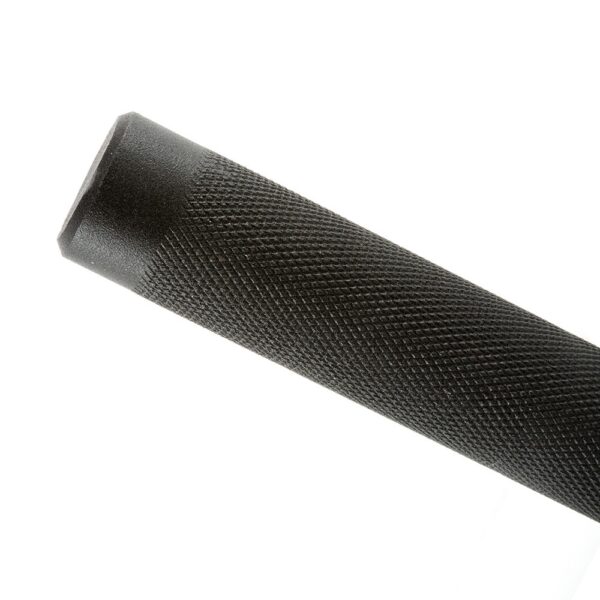 Close-up of a black textured cylindrical object with a tapered end, resembling a 7ft 1500lbs Olympic Bushing Bar, set against a white background.